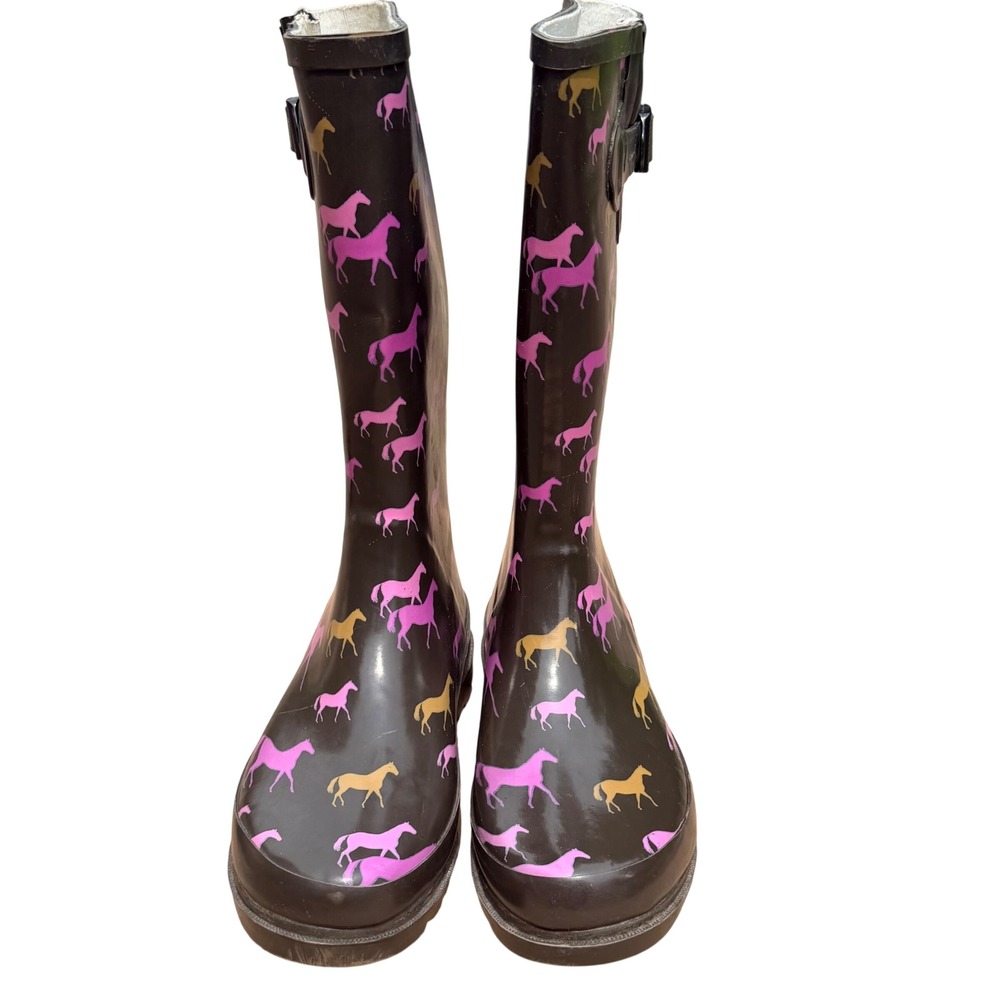 Western Chief Rain Boots Womens 6 Espresso Brown Rubber Horse Print Tall Western